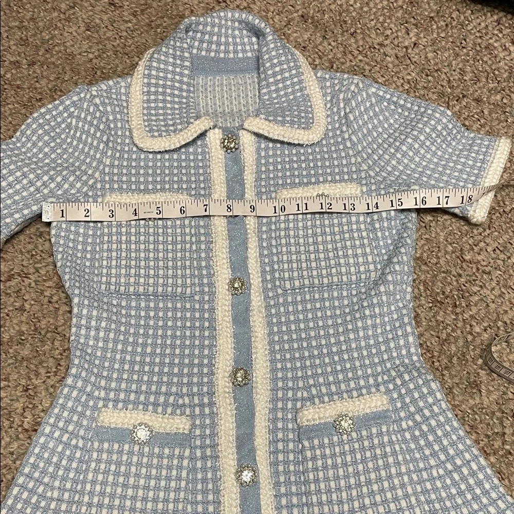 Blue and White check knit boucle ultra stretchy Dress with pearl/diamond buttons - Picture 4 of 10
